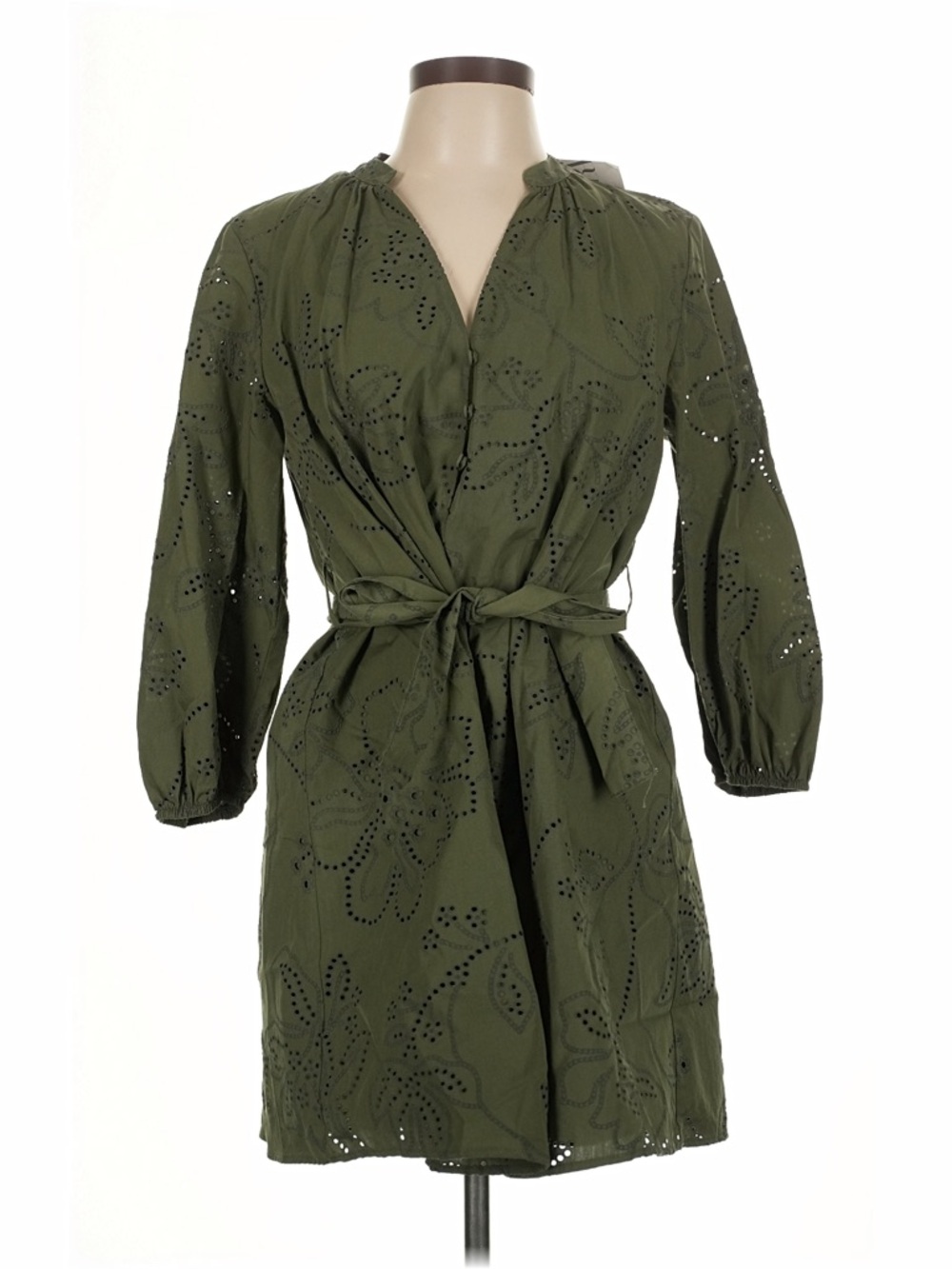 NWT Zara Olive Eyelet Floral Embroidered Tie-Waist Dress - Picture 2 of 3